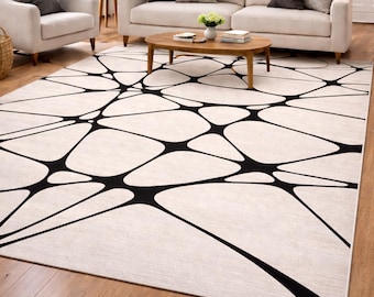 Hand-Knotted Wool Area Rug, Black Cream Abstract Geometric Carpet