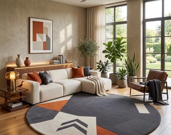 Hand Tufted Wool Geometric Round Rug | Modern Charcoal Ivory Rust Carpet