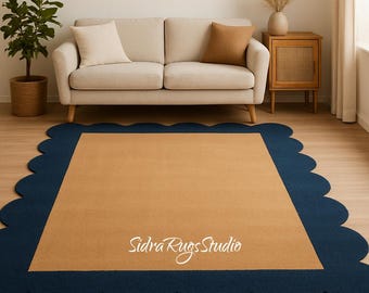 Scalloped Border Area Rug, Beige Navy Hand Tufted Carpet, Modern Minimalist Floor Rug