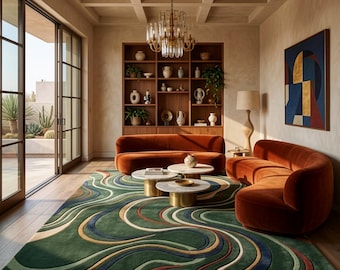 Hand Tufted Wool Area Rug, Abstract Wavy Green Modern Carpet (Custom Size)