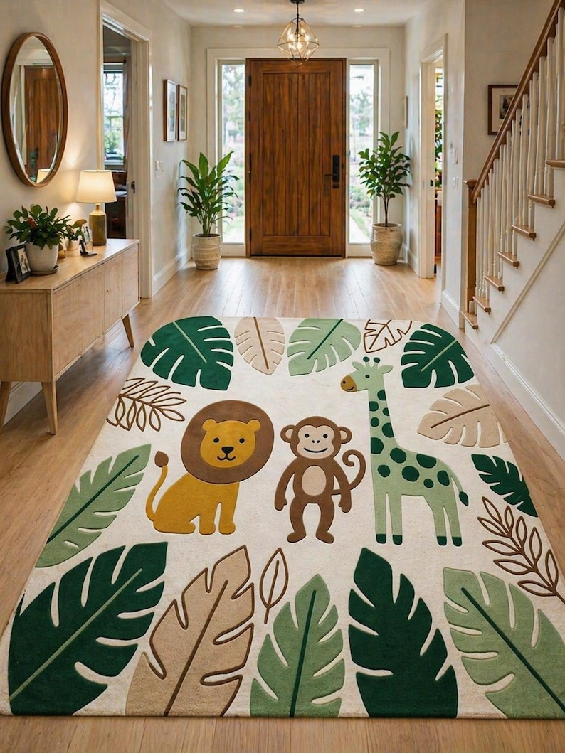 May include: A rectangular area rug with a jungle theme. The rug features a lion, monkey, and giraffe, surrounded by green, tan, and brown leaves on a cream background. The rug is placed in a hallway with wooden floors and a wooden door.