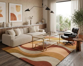 Hand-Tufted Wool Area Rug, Abstract Wave Pattern, Neutral Living Room Carpet (9x12 ft)