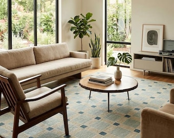 Hand Knotted Wool Patchwork Rug, Green Cream Blue Geometric Area Rug, Custom Size