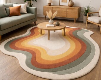 Abstract Wavy Area Rug, Handmade Tufted Carpet, Boho Living Room Decor, Mid Century Organic