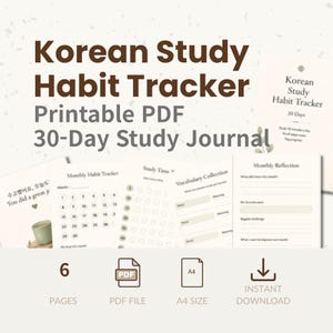 Planificador de hábitos de estudio de coreano imprimible, registro de estudio diario y semanal de coreano, registro de vocabulario, planificador para iPad de GoodNotes, diario de estudio estético