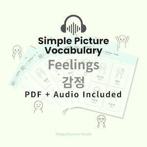 Puede incluir: Un conjunto de tarjetas con las palabras "Feelings" y "Vocabulary". Las tarjetas muestran ilustraciones de diferentes emociones, con texto coreano e inglés. La frase "PDF + Audio Included" también es visible.