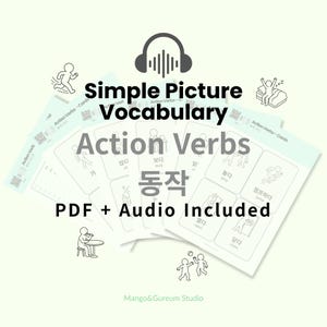 May include: A stack of flashcards with the words "Action Verbs" and Korean characters. The cards have illustrations of actions like "jump" and "close." The text "Simple Picture Vocabulary" and "PDF + Audio Included" are also visible.