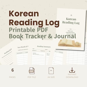 以下が含まれることがあります： 韓国語読書ログ、6ページの印刷可能なPDFブックトラッカーおよびジャーナル。要約、新しい単語、振り返りのセクションが含まれています。表紙には「Korean Reading Log, Read more, Understand deeper, Grow every day.」というテキストが表示されています。