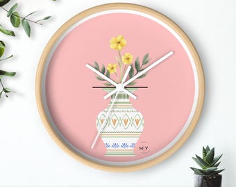 Yellow Flower Vase Wall Clock | Pink Background, Boho Floral Decor