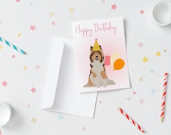 Dog Birthday Card: Collie with Balloons, Pet Lover Gift