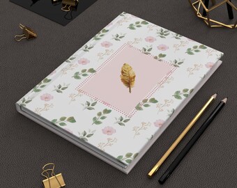 Gold Feather Floral Journal Hardcover | Pink Botanical Notebook