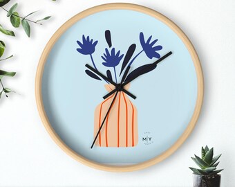 Blue Floral Vase Wall Clock | Modern Minimalist Flower Art Clock