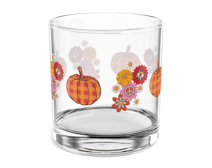 Featured listing image: Autumn Plaid Pumpkins Rocks Glass | 10oz Fall Barware