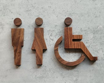 Wood Restroom Sign, Walnut Oak Bathroom Sign, Modern Toilet Symbols, Men Women Handicap Sign, Minimalist Wall Sign, ADA Style
