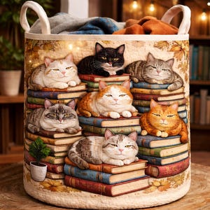 May include: A round storage basket with a whimsical design featuring several cats resting on stacks of books. The cats are in various colors, including black, orange, and gray. The basket has cream-colored handles and is filled with folded blankets.