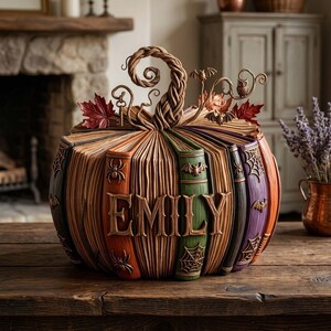 May include: A decorative pumpkin sculpture crafted from stacked book spines in shades of orange, green, and purple. The name EMILY is embossed on the front. It features metal accents including spiders, webs, bats, an owl, and a key, topped with a braided stem and red maple leaves.