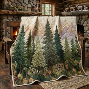 Deep Pine Forest Quilted Blanket: Woodland Cozy Throw, Housewarming Gift