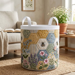 May include: A cylindrical fabric storage basket featuring a quilted hexagonal patchwork design in shades of yellow, blue, and green. The exterior is decorated with embroidered bees and various floral patterns, including lavender and daisies, with two white handles.