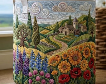 Cesto de roupa suja acolchoado com estampa floral de flores silvestres, perfeito para decoração de quarto no estilo cottagecore.