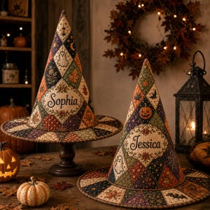 May include: Two quilted witch hats featuring a patchwork design of autumn leaves, ghosts, pumpkins, and stars. One hat displays the name Sophia, and the other displays the name Jessica, both embroidered in a central oval patch on the front.