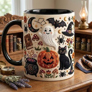 Puede incluir: Una taza de cerámica color crema con asa e interior negros, que presenta un estampado detallado estilo bordado de un fantasma blanco, una calabaza naranja, un gato negro, un murciélago, un sombrero de bruja, un caldero, arañas y setas.