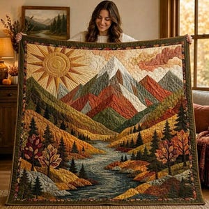 May include: A rectangular quilt featuring a landscape scene with a large yellow sun, snow-capped mountains, a winding river, and evergreen trees in shades of orange, brown, green, and cream. The fabric has visible quilted stitching throughout.