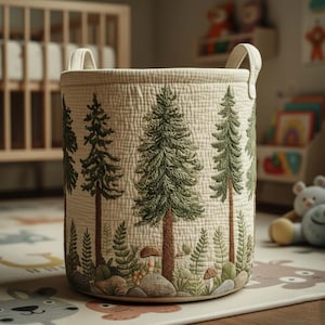 Peut inclure: Un panier de rangement cylindrique beige avec deux poignées. Le panier présente une scène de forêt brodée avec des pins verts, des troncs d'arbres bruns et diverses plantes. Le panier est fait d'un tissu texturé.