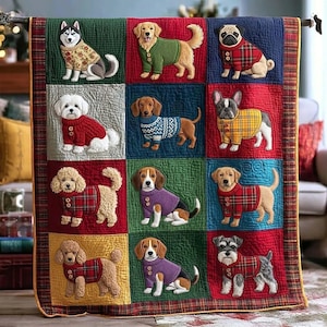 May include: A patchwork throw blanket with embroidered images of dogs in sweaters. The squares are in red, green, and blue, with a plaid border. Breeds include a husky, golden retriever, and pug. The blanket is suitable for a sofa or bed.