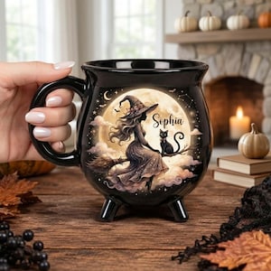 Personalized Holding Witch And Black Cat Cauldron Mug: Halloween Witchy Gift