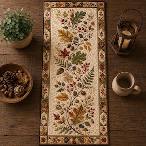 May include: A rectangular quilted table runner featuring a central botanical print of autumn leaves, berries, acorns, and ferns on a cream background, framed by a decorative border of small squares with leaf motifs and intricate swirl stitching.
