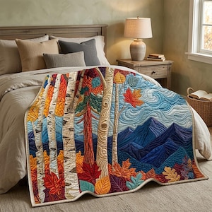 Fall Birch Forest Quilted Blanket: Autumn Leaves Quilt Throw, Best Gift For Mom