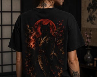 Black Cat Samurai T-Shirt, Japanese Dark Aesthetic Shirt, Yokai Cat Graphic Tee, Red Moon Gothic Anime Shirt, Dark Fantasy Streetwear
