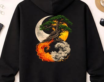 Tree of Life Yin Yang Hoodie | Fire and Water Balance Art | Spiritual Zen Symbol Sweatshirt