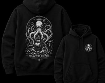 Below the Surface Octopus Hoodie, Nautical Kraken Back Print, Premium Midweight Unisex Pullover
