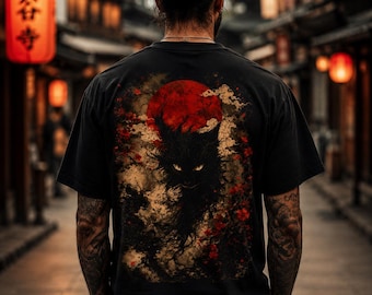 Japanese Nekomata Shirt, Black Cat Yokai Tee, Dark Fantasy Japanese Art Shirt, Spirit Cat Graphic Tee, Red Moon Gothic Shirt
