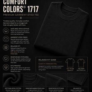 Puede incluir: Una camiseta negra Comfort Colors 1717 te&ntilde;ida en prenda con cuello redondo. La imagen incluye texto que detalla caracter&iacute;sticas como 100% algod&oacute;n hilado en anillo, ajuste relajado, costuras reforzadas y un acabado de aspecto vintage.
