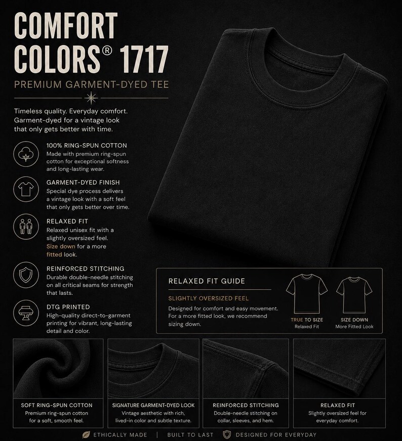 Puede incluir: Una camiseta negra Comfort Colors 1717 te&ntilde;ida en prenda con cuello redondo. La imagen incluye texto que detalla caracter&iacute;sticas como 100% algod&oacute;n hilado en anillo, ajuste relajado, costuras reforzadas y un acabado de aspecto vintage.