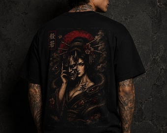 Dark Geisha Hannya Shirt, Japanese Snake Streetwear Tee, Oni Mask Graphic T-Shirt, Gothic Yokai Anime Shirt, Samurai Aesthetic