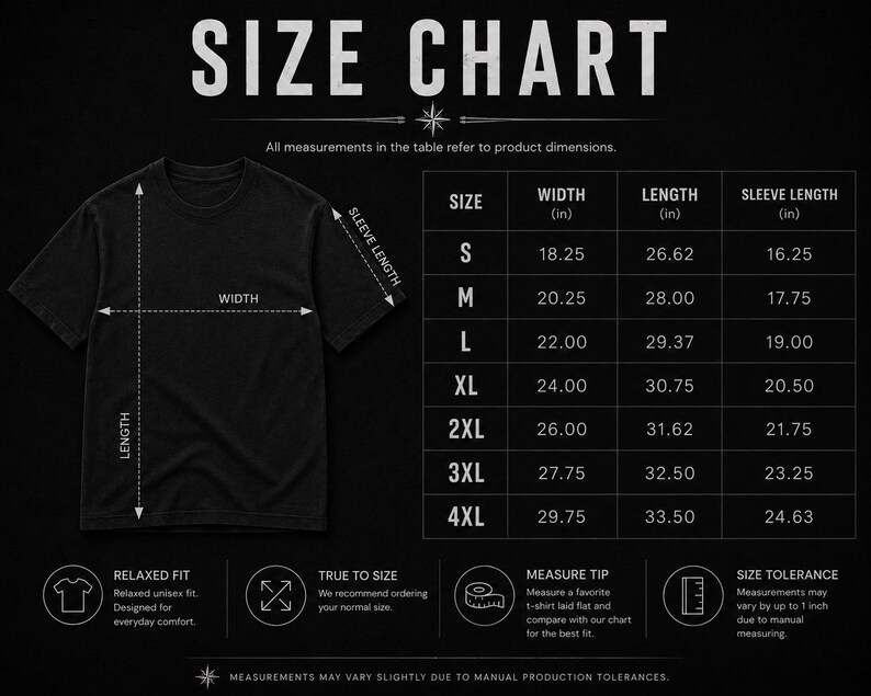 Puede incluir: Una tabla de tallas para camiseta negra que muestra un diagrama de la prenda con flechas que indican ancho, largo y largo de manga. Una tabla enumera las tallas de S a 4XL con medidas en pulgadas. El texto incluye Relaxed Fit y True to Size.