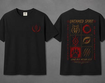 Wolf Shirt, Lone But Never Lost Tee, Red Moon Wolf T-Shirt, Wilderness Graphic Tee, Dark Forest Nature Shirt, Wolf Lover Tee