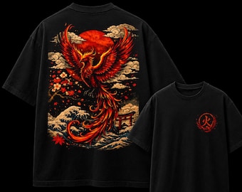 Phoenix Rising T-Shirt Japanischer Stil Feuer Vogel T-Shirt Kanji Feuer Shirt Rote Sonne Grafik T-Shirt Unisex Streetwear Anime Ästhetik Geschenk