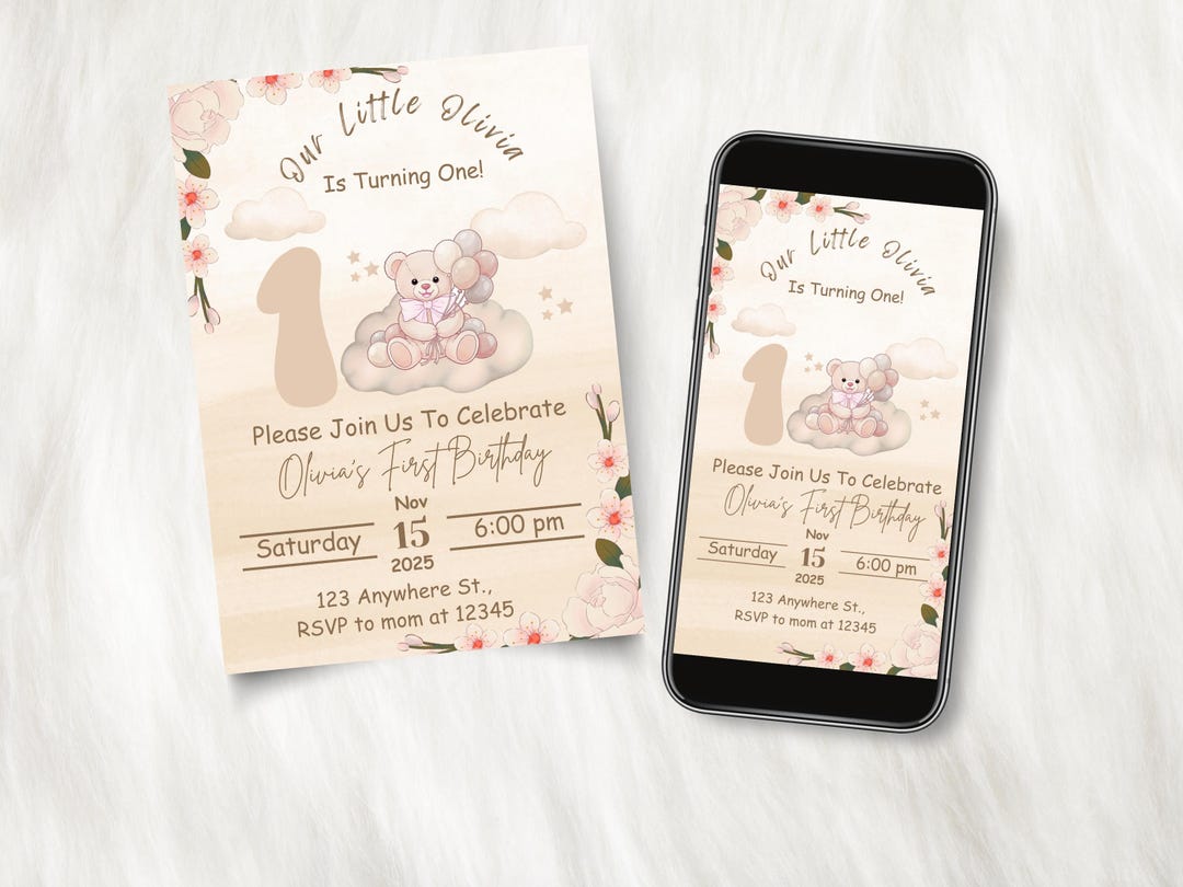 Teddy Bear First Birthday Invitation, Beary 1st Birthday Party Invite ...