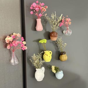 Può includere: Una collezione di piccoli vasi in ceramica colorati, ognuno con fiori secchi. I vasi sono di varie forme e colori, tra cui rosa, giallo, marrone e bianco. I fiori sono rosa, bianchi e gialli. I vasi sono attaccati a una superficie grigia.