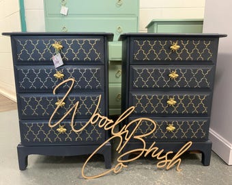 Stag minstrel vintage pair of bedside tables navy Moroccan gold bee handles