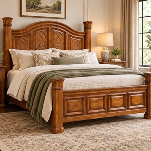 May include: A wooden bed frame with a high, arched headboard featuring carved panels and tall posts. The bed is dressed with a white textured quilt, several decorative pillows in floral and solid patterns, and a draped olive green knit throw blanket.