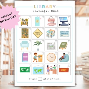 May include: A Library Scavenger Hunt printable sheet featuring a grid of twenty illustrated items to find, including books, a computer, a library card, and furniture. The page includes a pink starburst graphic with the text INSTANT DOWNLOAD.