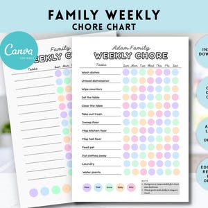 Può includere: Una tabella stampabile per le faccende domestiche settimanali con il testo "Family Weekly Chore Chart" e "Adam Family Weekly Chore". Include un elenco di attività, i giorni della settimana e una griglia di cerchi color pastello per il monitoraggio. Include note e nomi.