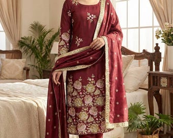 Maroon Floral Embroidered Silk Kurta Set with Straight Pants and Dupatta