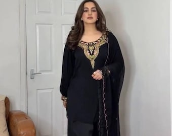 Designer Black Salwar Kameez with 5mm Sequence Work - Heavy Georgette Kurta & Flared Sharara Set