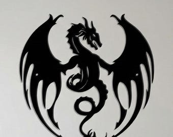 Silhouette di drago in metallo nero, decorazione da parete in ferro con drago fantasy per interni di case moderne